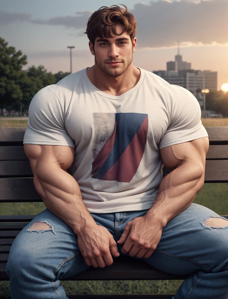 00140-1843256407-_lora_BrutalMass2_0.5_ brutalmass, 1boy, sitting on a bench, casual clothes, baggy jeans, (graphic tshirt_1.2), sunset backgroun.png